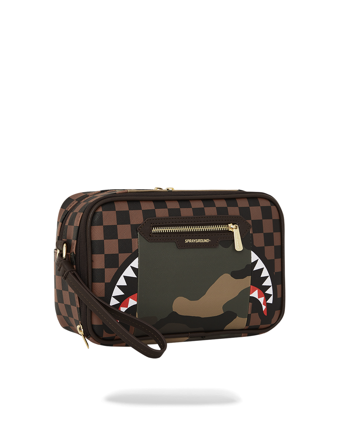 SPRAYGROUND® TOILETRY EXTERIOR GOLD ZIP POCKET SHARKS IN PARIS TOILETRY BRICKSIDE BAG
