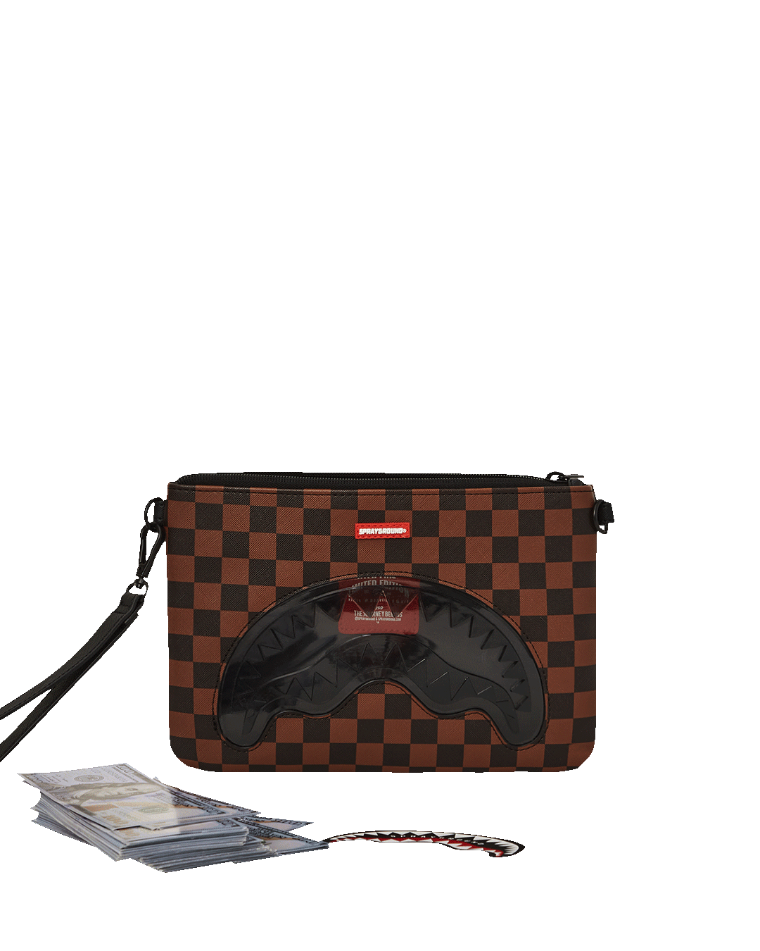 SPRAYGROUND® POUCHETTE SHARKS IN PARIS CLEAR FOR TAKEOFF CROSSOVER CLUTCH WITH STRAP