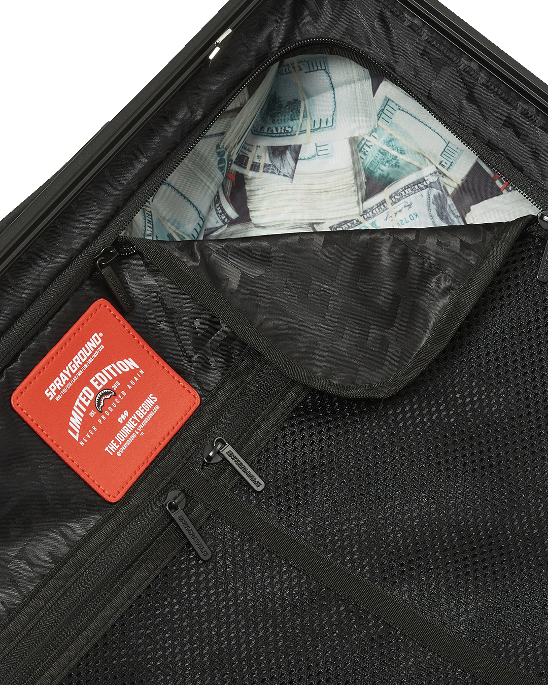 SPRAYGROUND® LUGGAGE CARGO PATCHES SHARKITECTURE CARRY-ON LUGGAGE BLACK WITH EXTRA STICKERS
