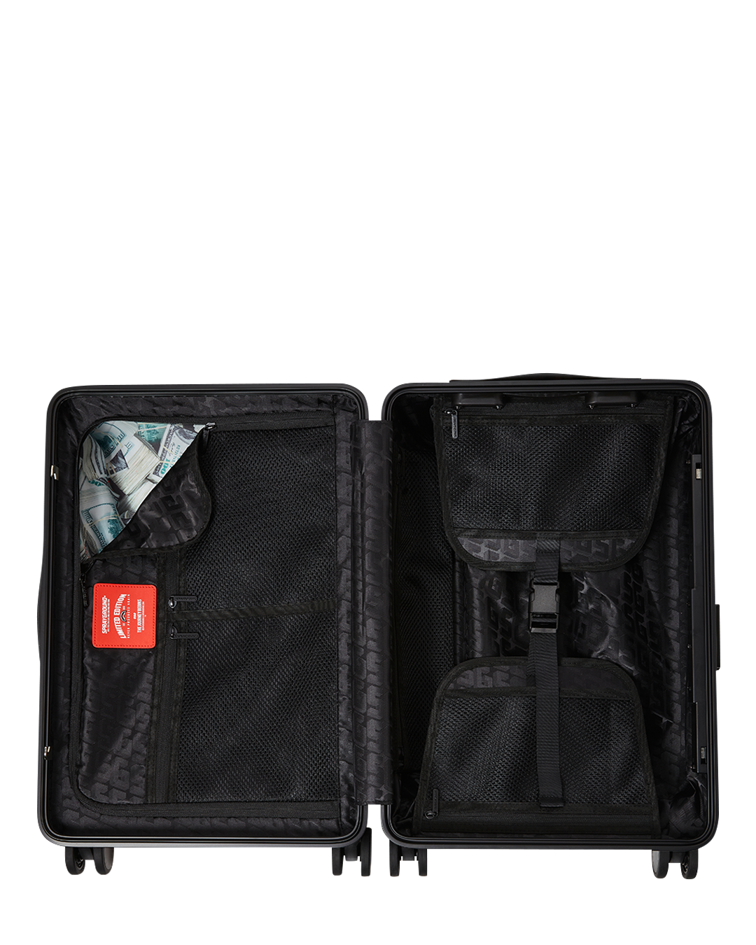 SPRAYGROUND® LUGGAGE BLACK AND WHITE DRIP CHECK SHARK CARRY-ON LUGGAGE